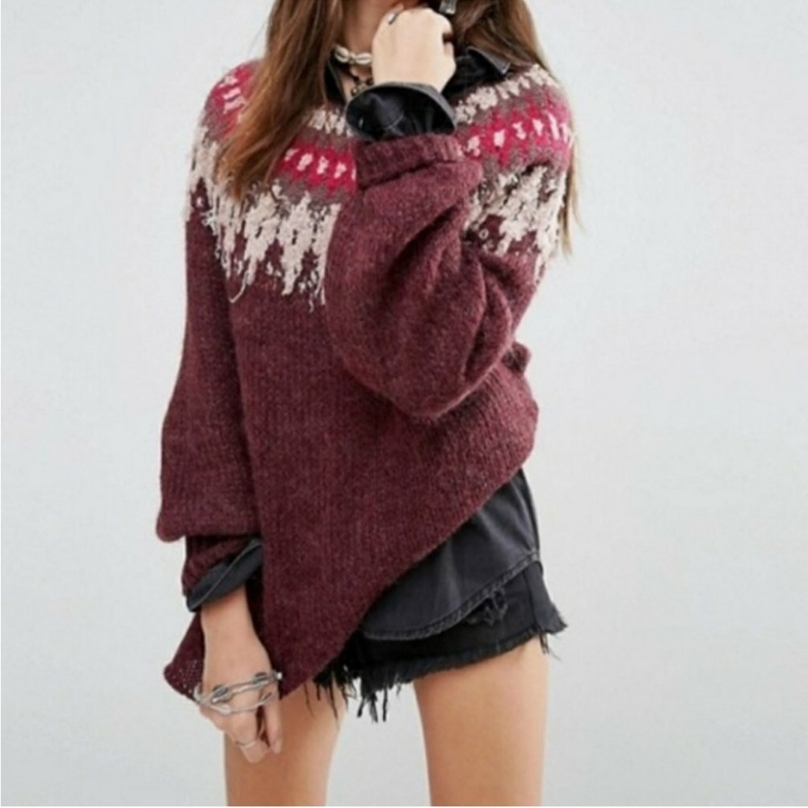 Free People Baltic Fair Isle maroon wool alpaca blend sweater size Small