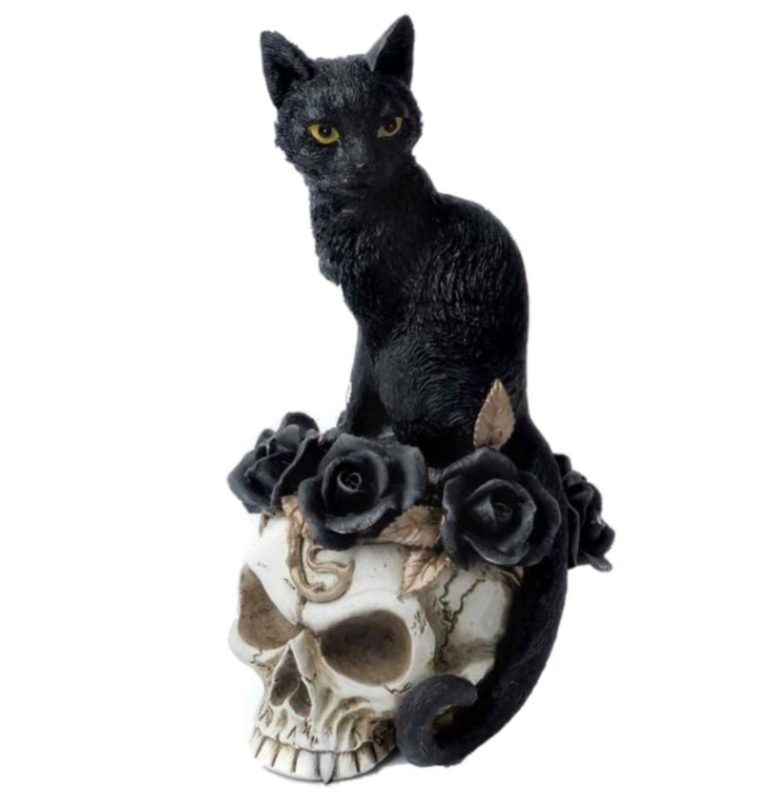 Black Gothic Cat sitting on a Skull with Roses Sculpture Home Decor