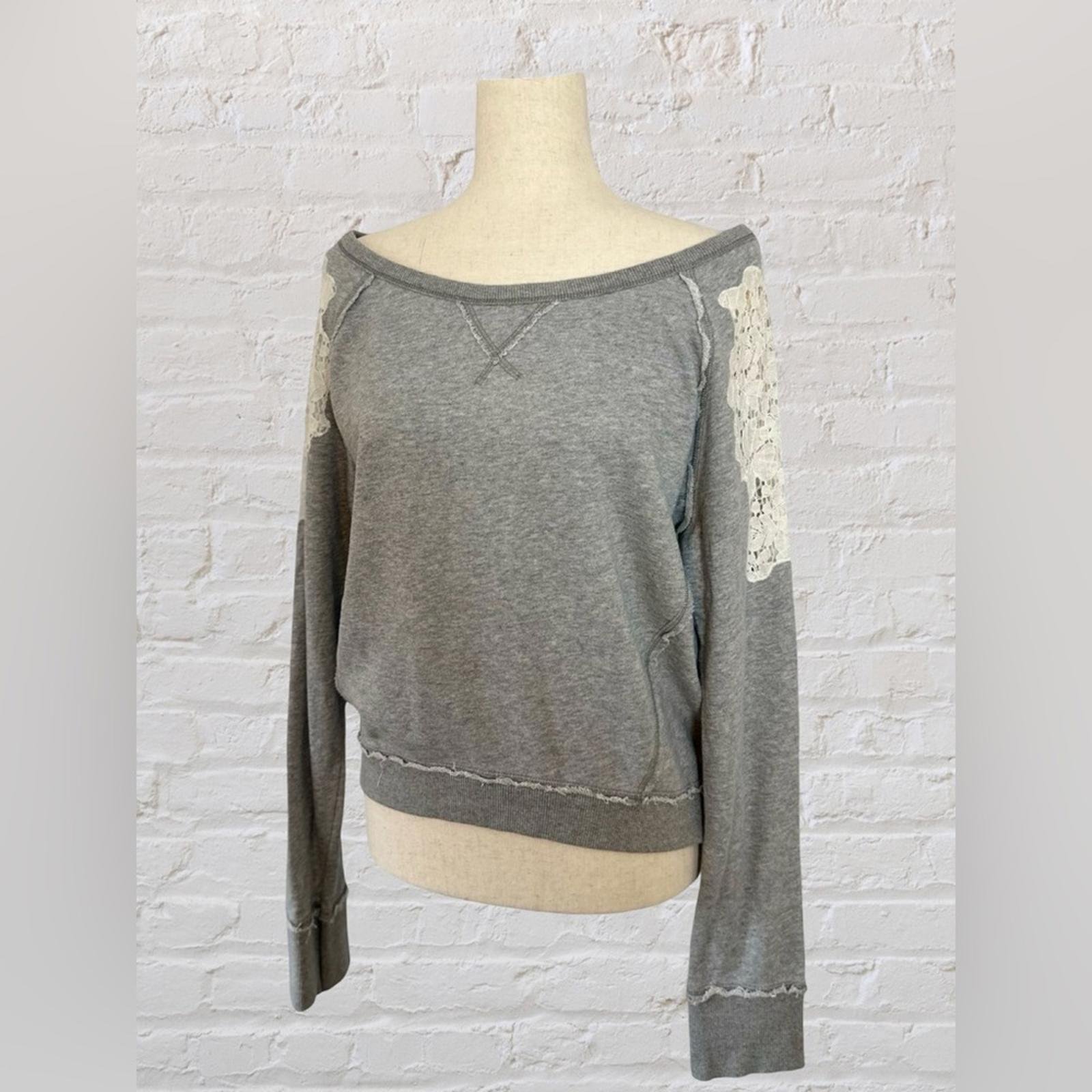 Free People Boatneck Sweatshirt Top Womens M Lace Off the Shoulder Gray Cotton