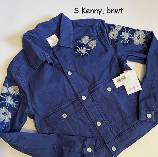 Small Lularoe Kenny jean jacket, cobalt blue with grey embroidered roses