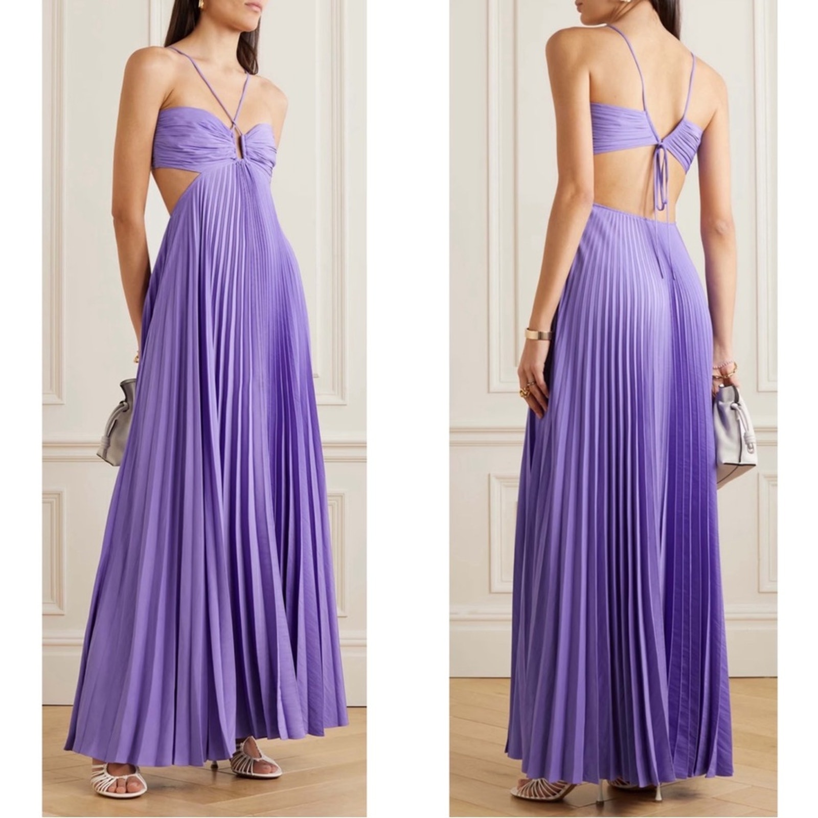 ALC Lavender Moira Cutout Pleated Plisse Duchess Satin Maxi Dress Sz 10