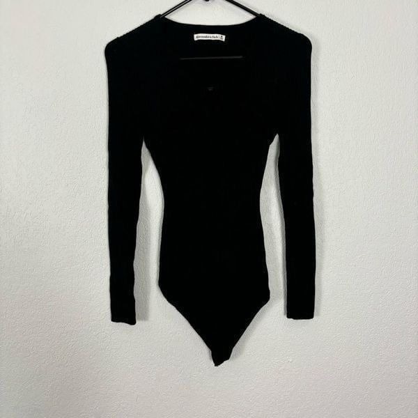 Abercombie & Fitch Black Ribbed Cutout Front Detail Long Sleeve Thong Bodysuit
