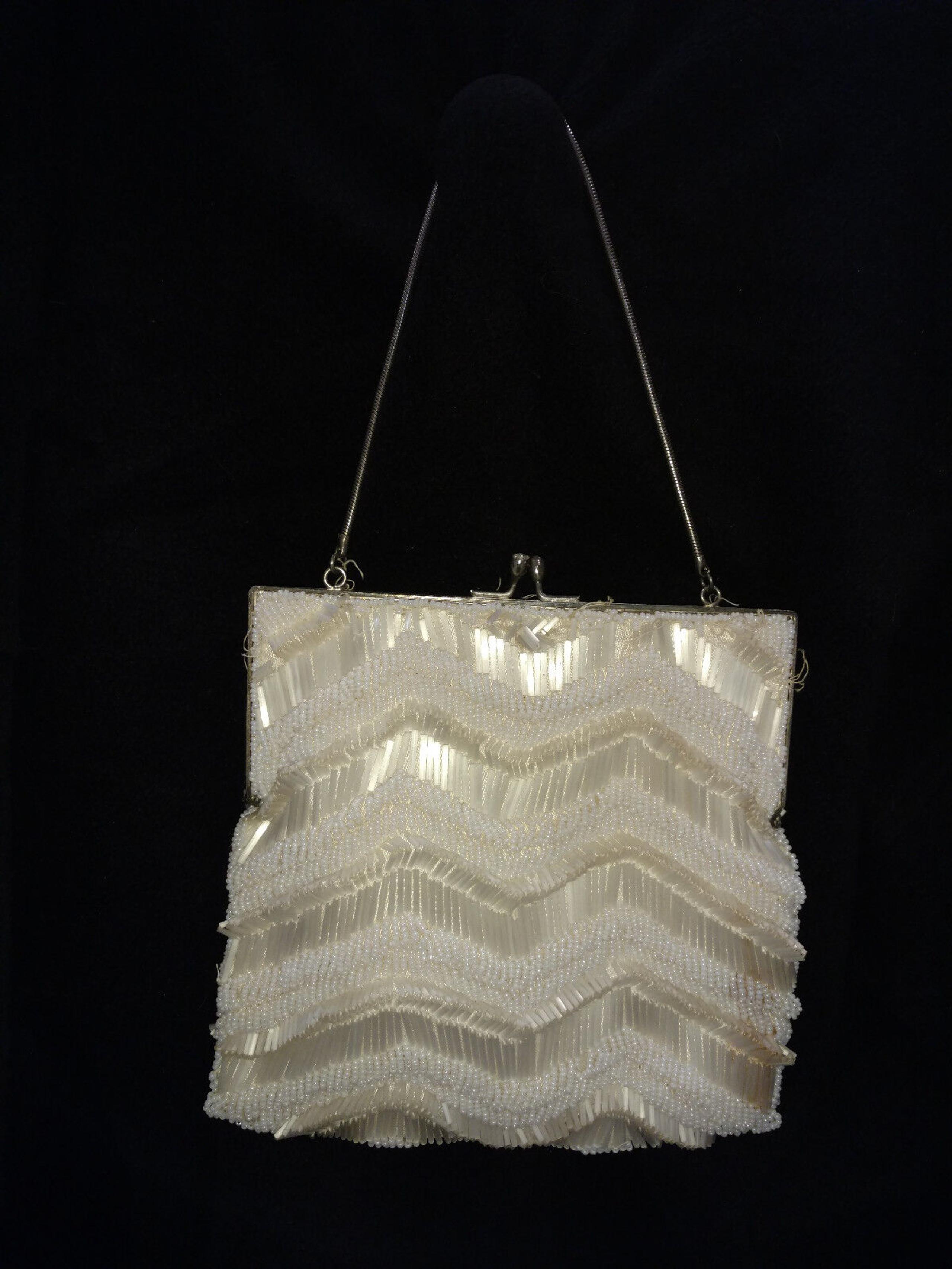 VINTAGE Walborg BEADED Evening Handbag Clutch Cream White Wave Design HONG KONG
