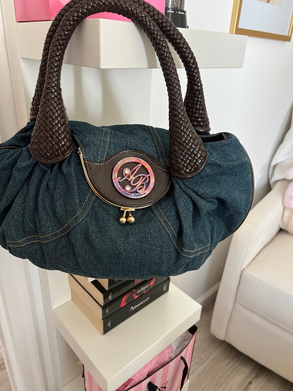 Vintage denim apple bottoms bag