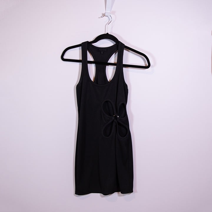 H:Ours Sammy Floral Flower Circle Ring Cut Out Ribbed Mini Dress Black XS