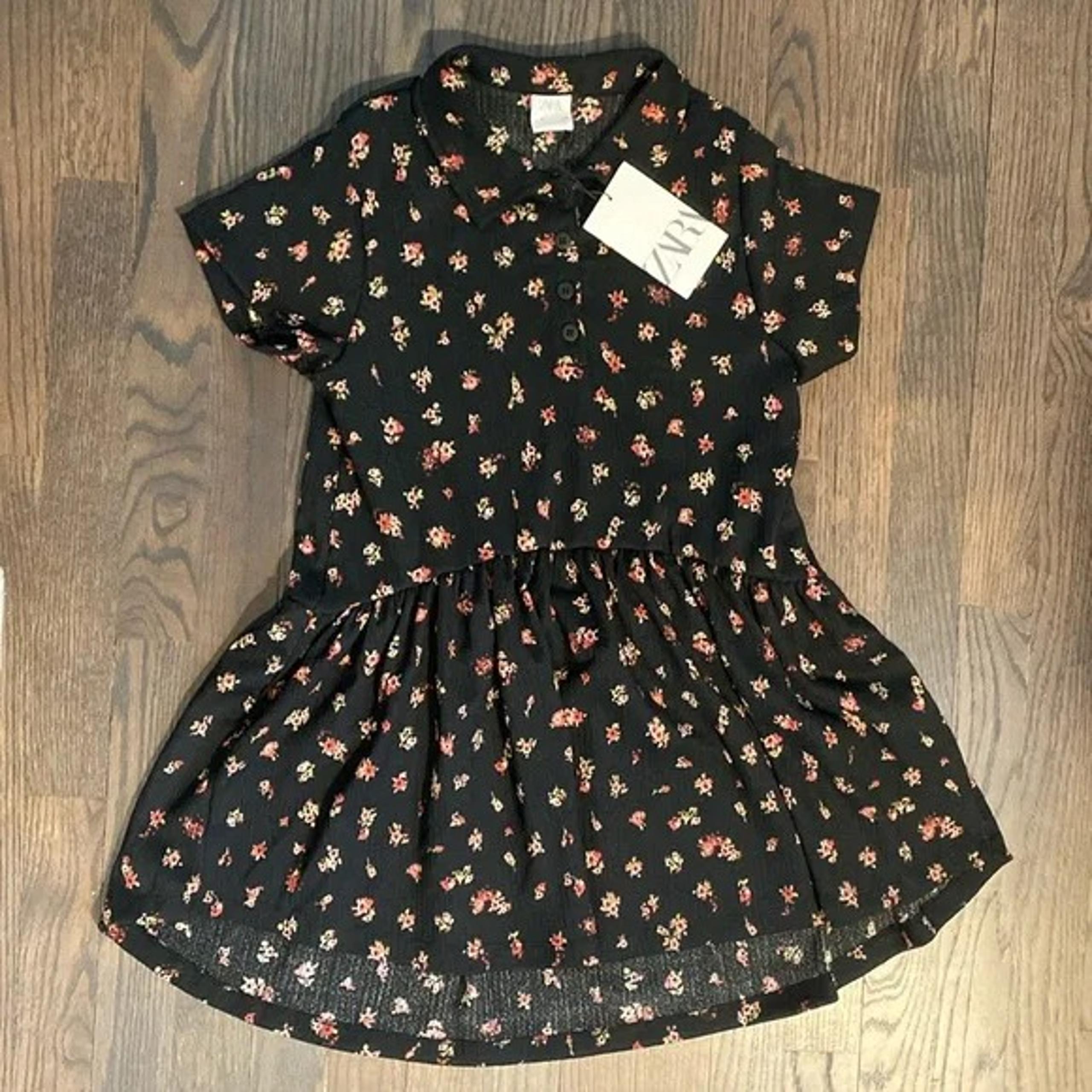 NWT Zara Girls Black Pink Floral Collar Dress, size 9, high low