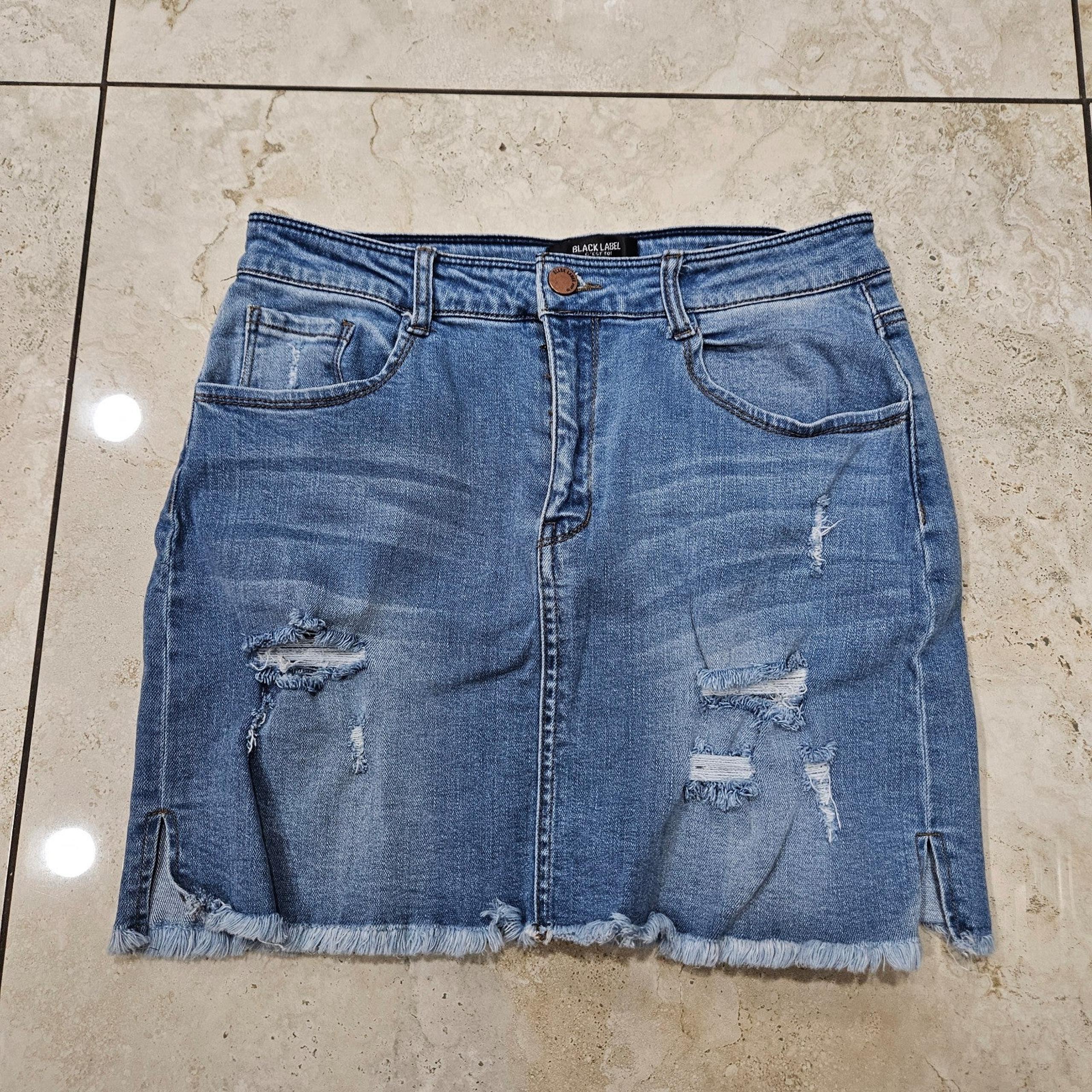 C' Est Toi Black Label Denim Skirt Womens Size Large Mini Distressed Blue Jean