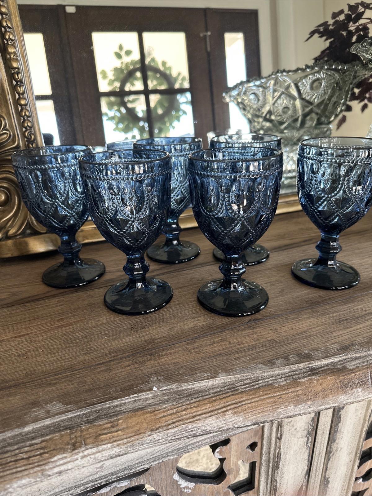 Sapphire Blue Jewel And Bead Pattern Wine Goblets 6.25 Set Of 6