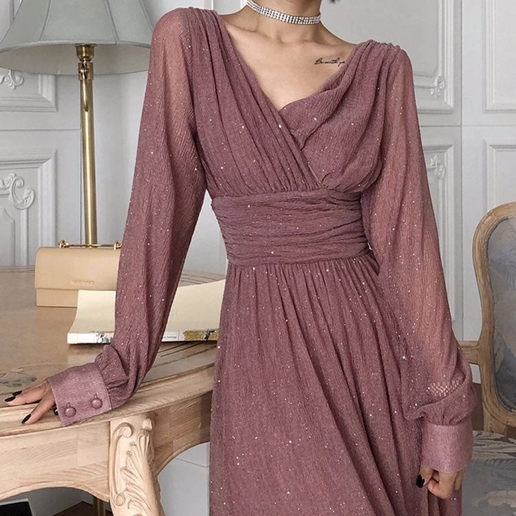 Waist Long Sleeve Elegant Boho Dress