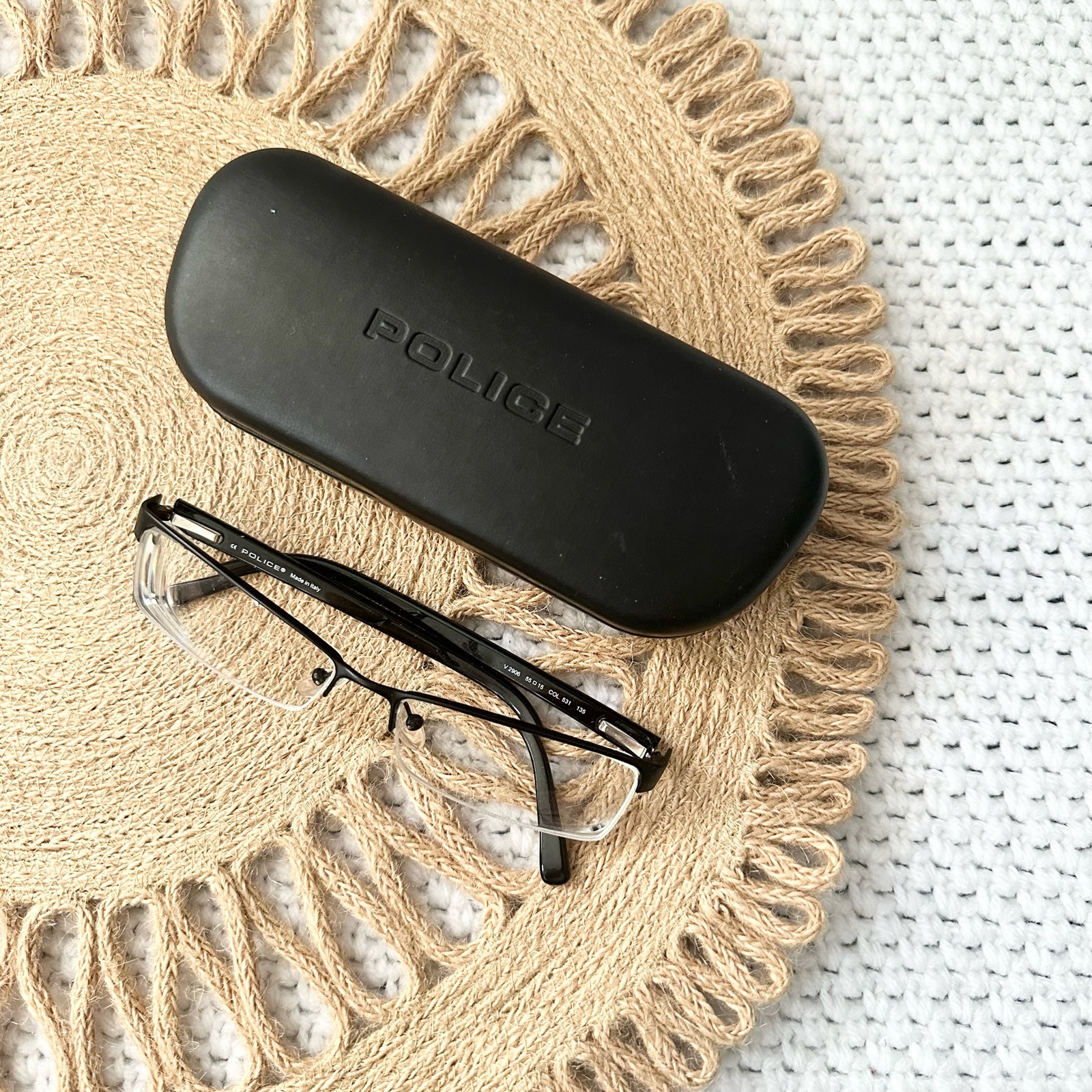 Police Italy Black Metal Half Exposed Frame Rectangular Eyeglasses Case V2906