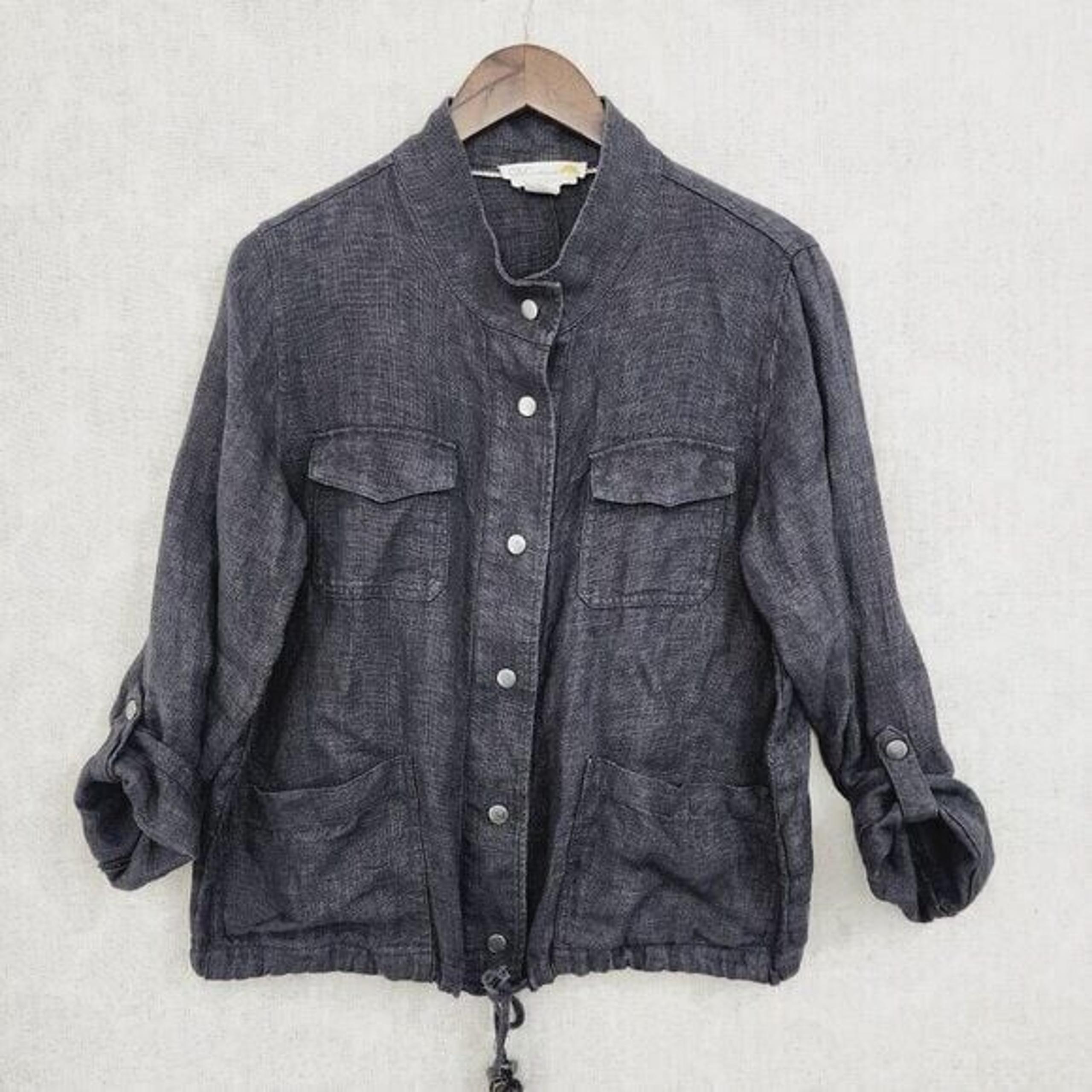 C&C California 100% Linen Snap button tab sleeve Women's Blouse M 8023