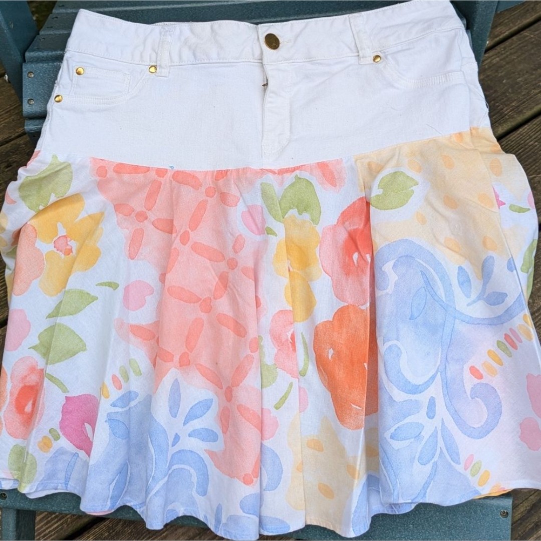 Custom Remade Iman White jeans circle skirt Sz 16