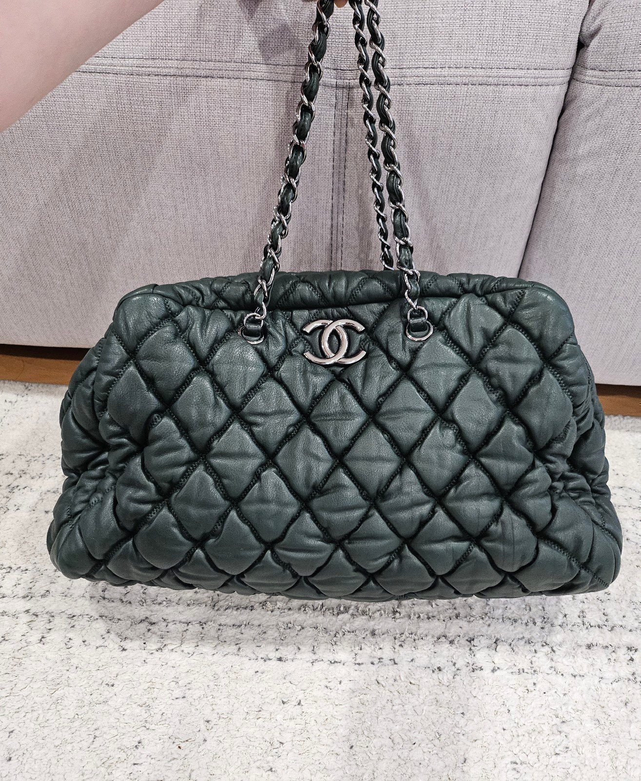 CHANEL Dark Forest Green Quilted Puffer Bowler Bag