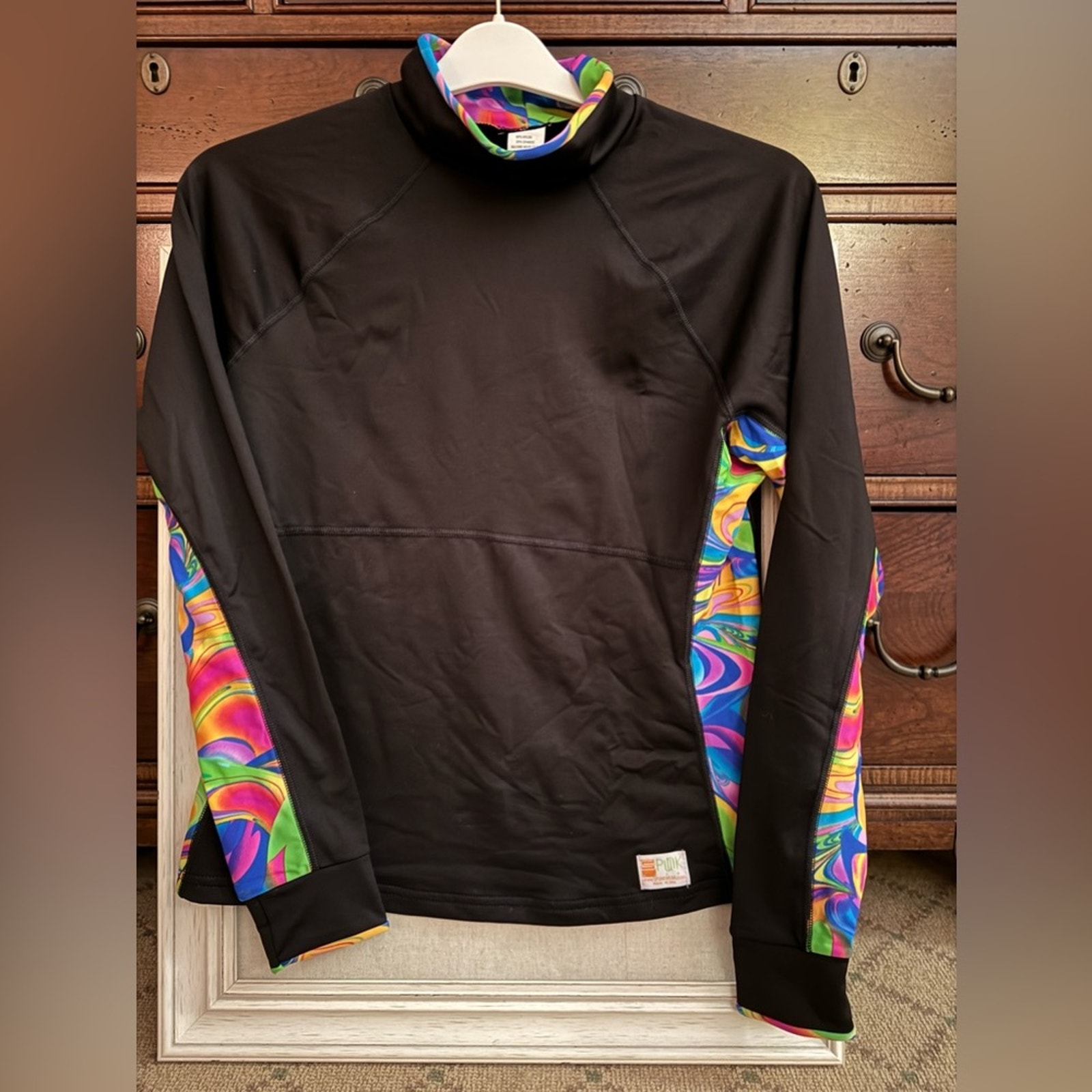 Spunkwear black performance long sleeve shirt with multicolor details NWOT