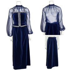 Vintage 70s Jeannene Booher 3pc Set Blue Velvet Genie Outfit Skirt Top & Blouse