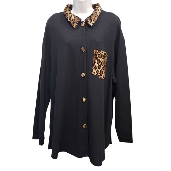 Vintage Fashion Bug 22/24W Cardigan Shirt Shacket Animal Print Trim Black NEW