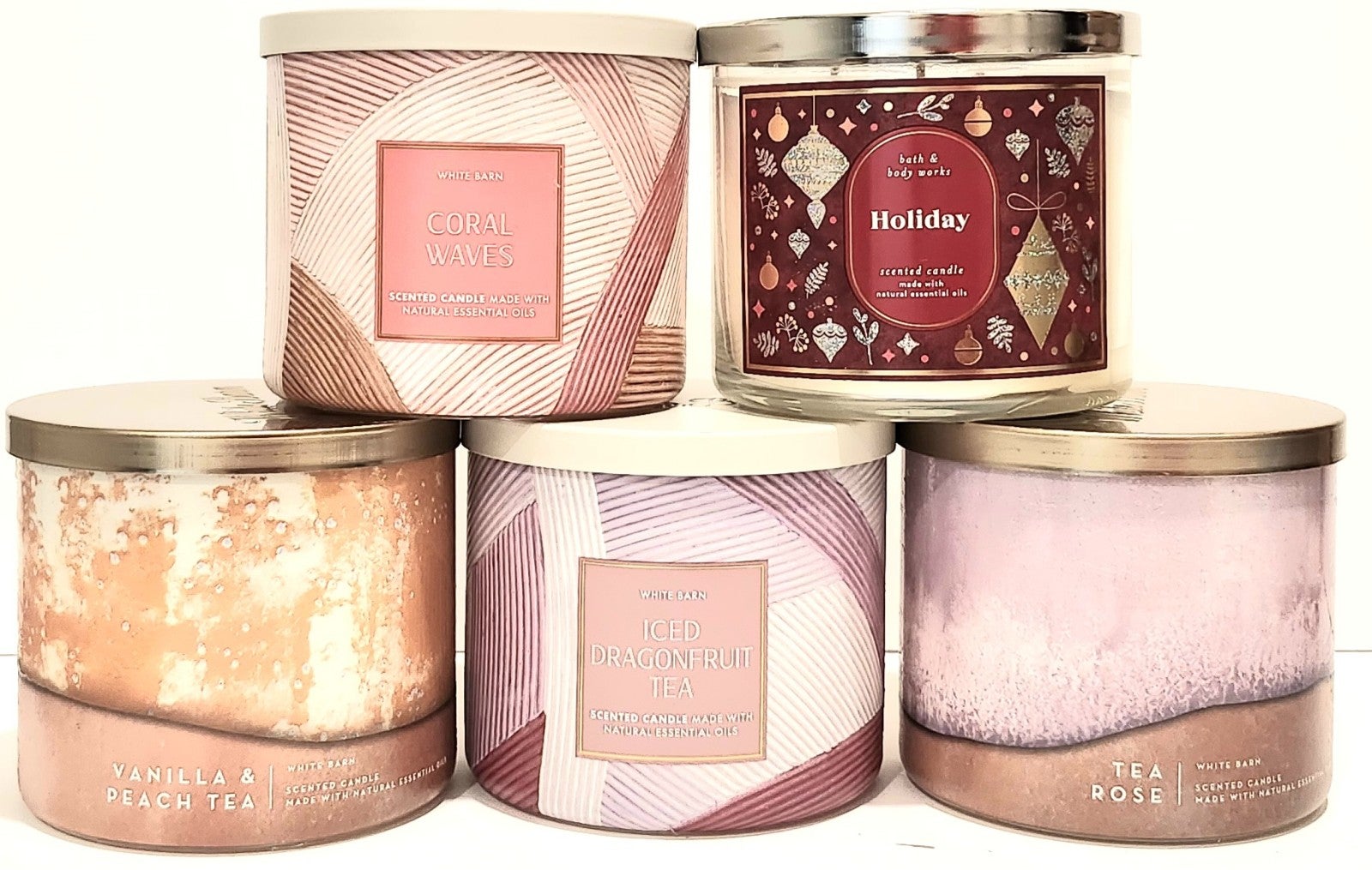 5pk BATH BODY WORKS CANDLE SCENTED CORAL VANILLA PEACH TEA ROSE HOLIDAY NEW
