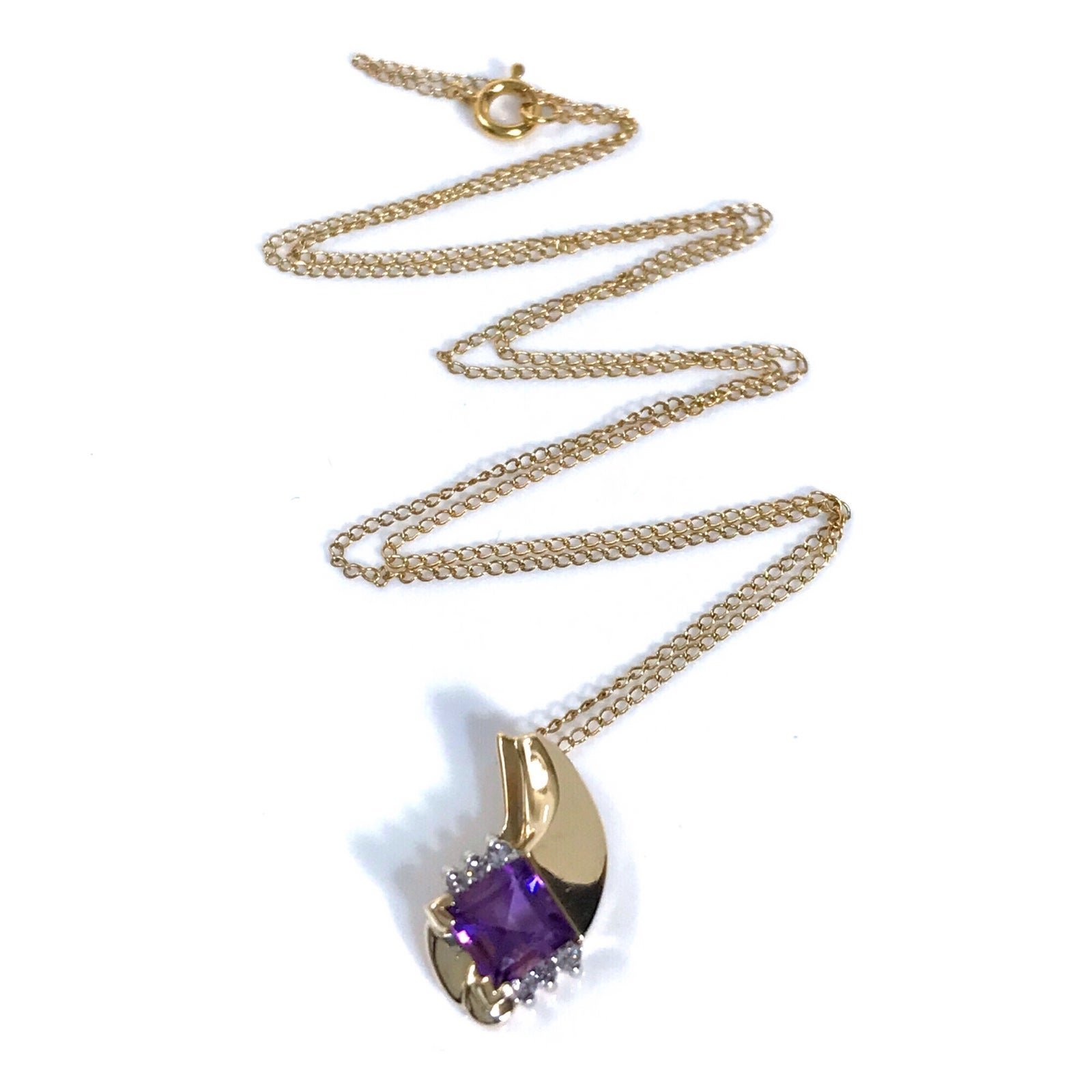 14KT GENUINE AMETHYST & DIAMOND PENDANT & CHAIN