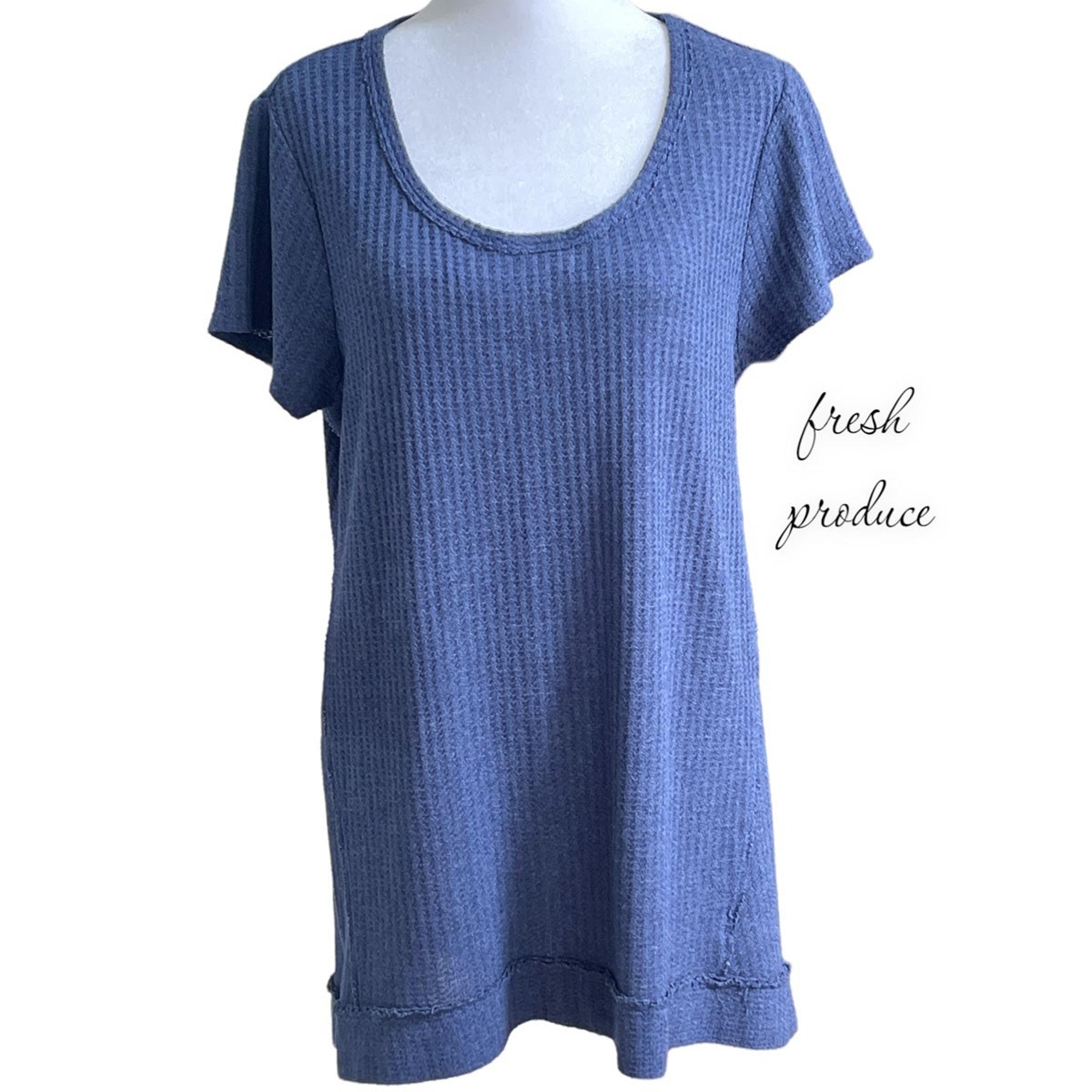 Fresh Produce Waffle Weave Knit Top Sz M Blue Short Sleeves Coastal Grandma