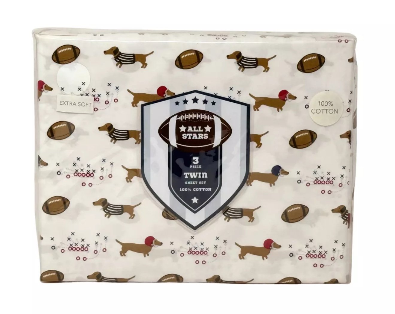 ALL STARS TWIN 3 PC Ultra Soft Cotton Football Dachshund Sheet Set NEW