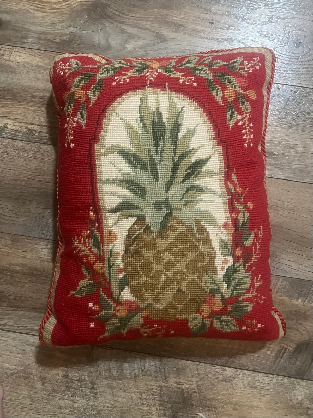 Vintage Needlepoint Pillow Pineapple Floral Design Rare 17x13 Wool