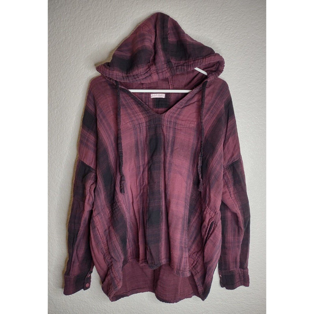 Free People x CP Shades Abbie Flannel Hoodie Women's Small Plaid Burgundy Boho