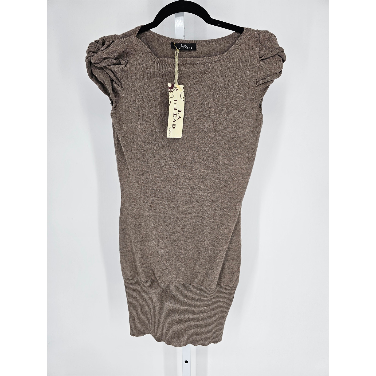 Vintage Y2K LA U-LEAD Womens Sz M Above Knee Knit Dress Taupe Cap Sleeve NEW