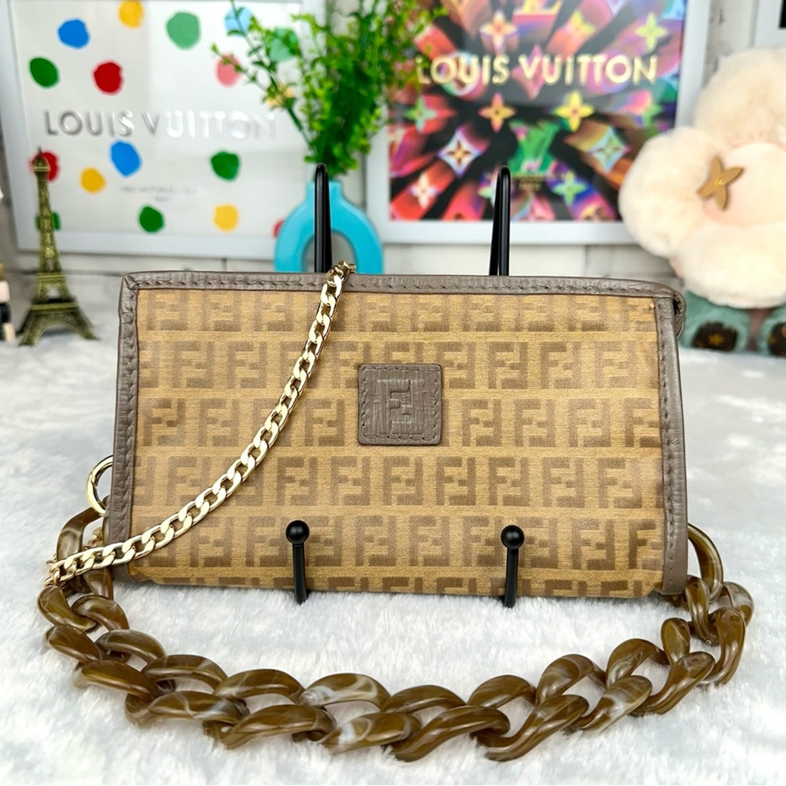Fendi Zucca canvas Pouch Crossbody Bag with Chains Vintage