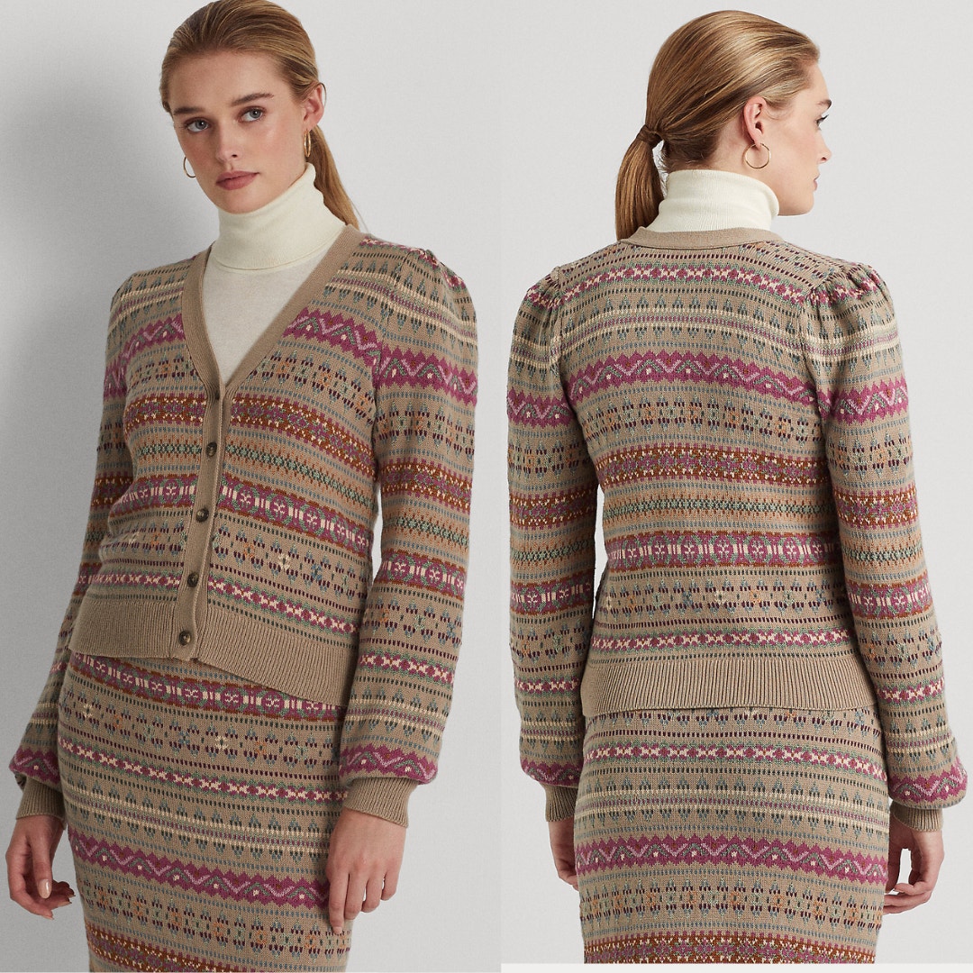 Lauren Ralph Lauren Fair Isle Light Academia Multicolor Cardigan Sweater Md NWT