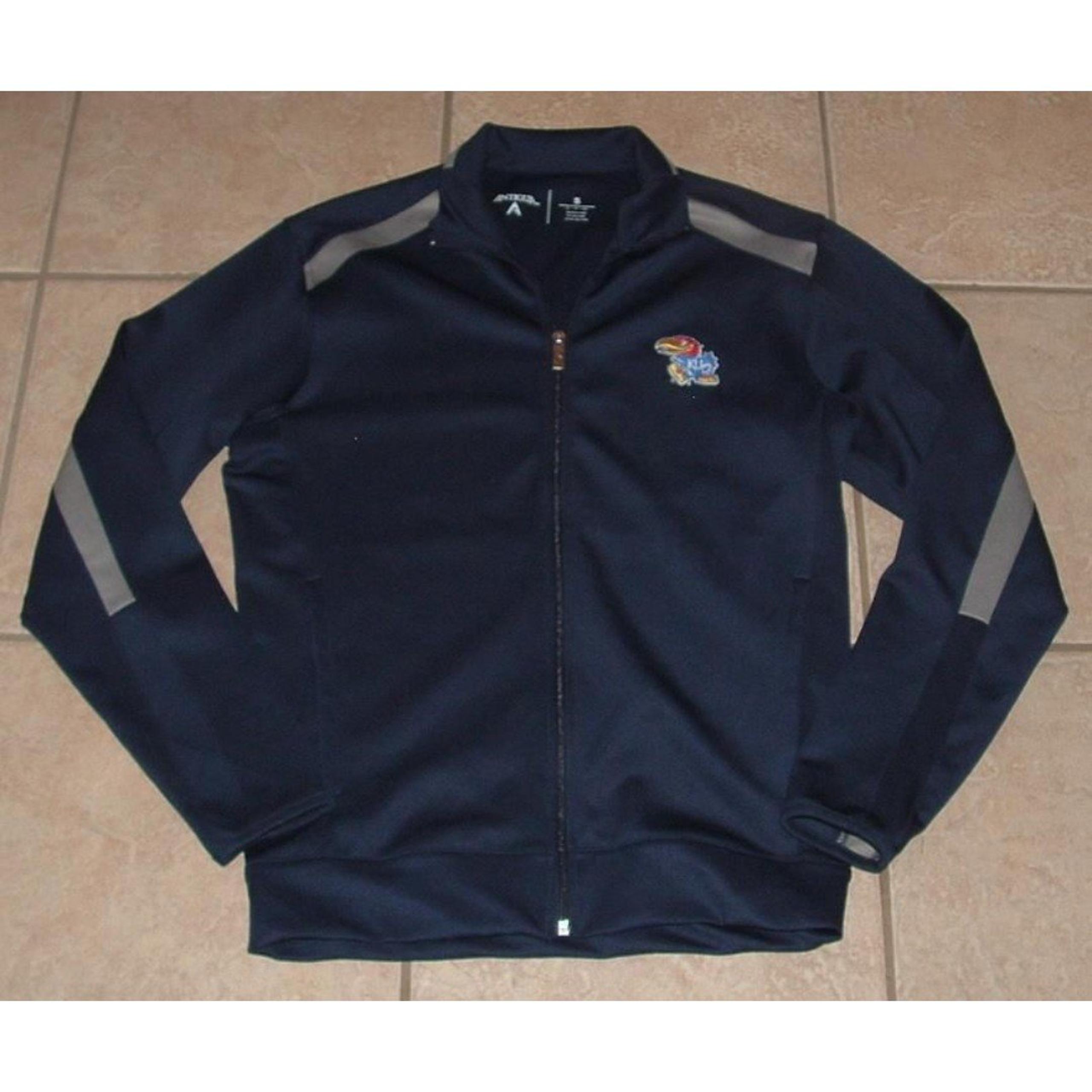 ANTIGUA Men Sz Small Navy Blue KANSAS JAYHAWKS Full Zip Athletic Jacket LIKE NEW