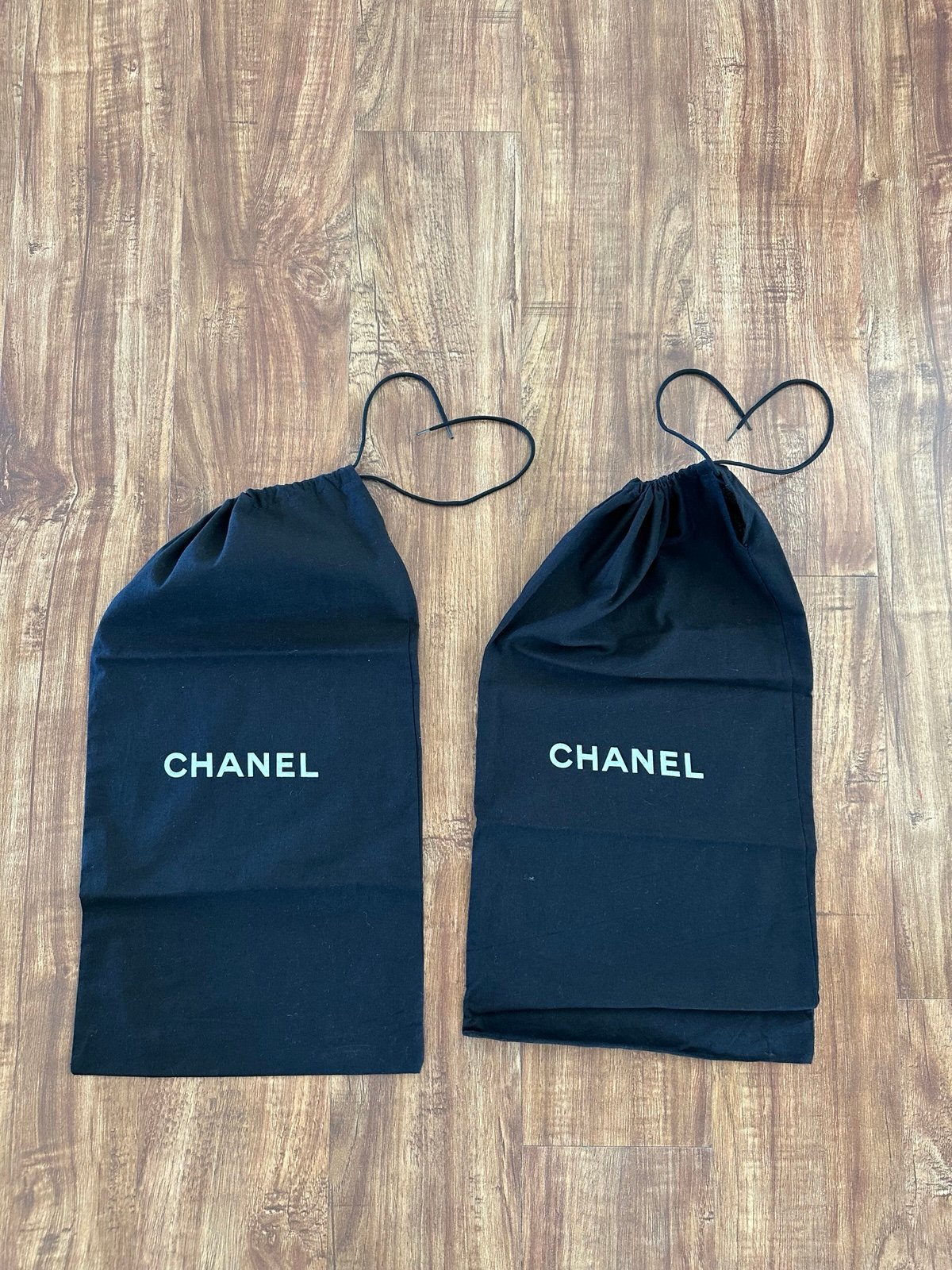 Authentic CHANEL Black & White Set of Two Boot Shoe Dust Bags Drawstring Logo