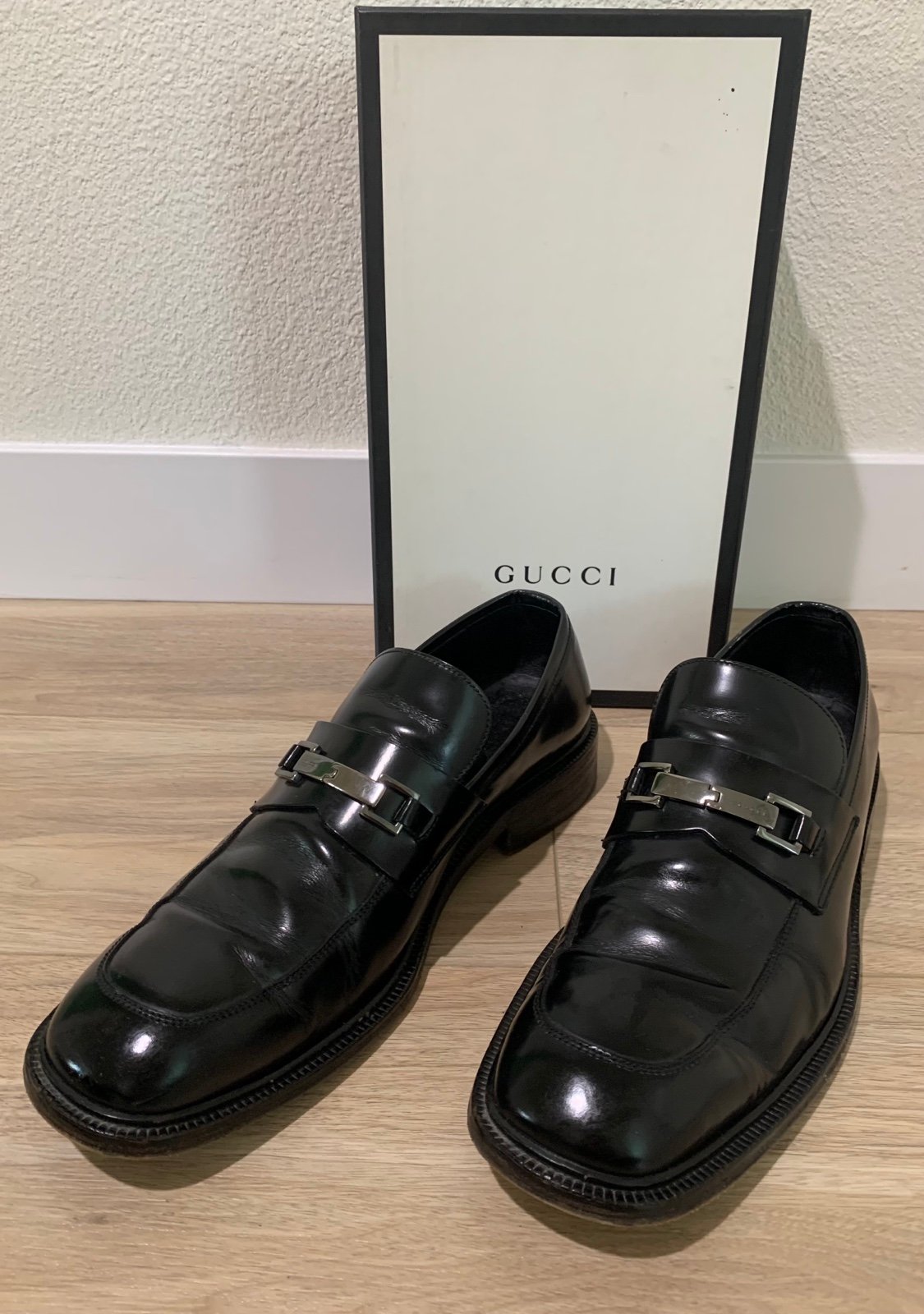 GUCCI Men’s Black Leather Dress Shoes Slip On Loafers Size 12.5