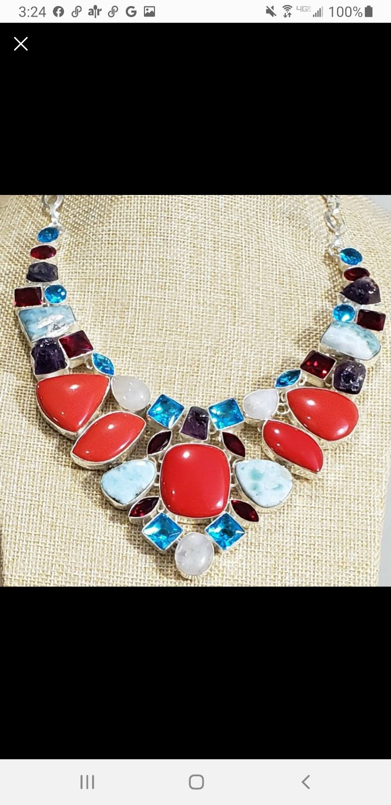 Coral Garnet Moonstone Topaz Amethyst 925 Silver Handmade Statement Necklace