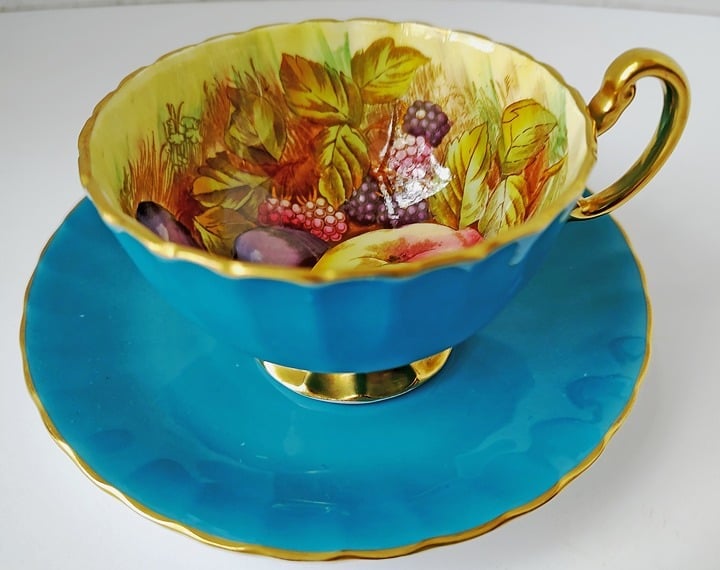 Vintage Aynsley England Peach & Plum Teal Tea Cup & Saucer
