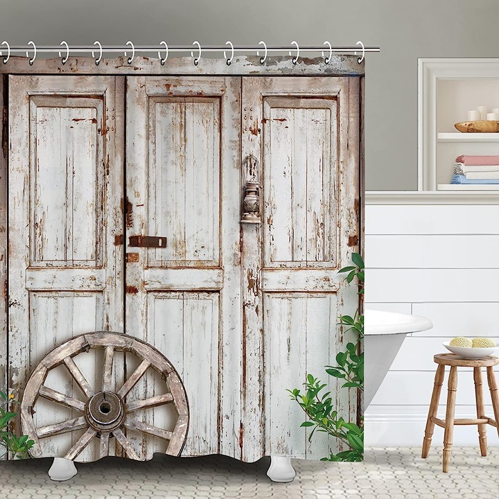 Farmhouse Rustic Shower Curtain for Bathroom Barn Door Wood Style Decor