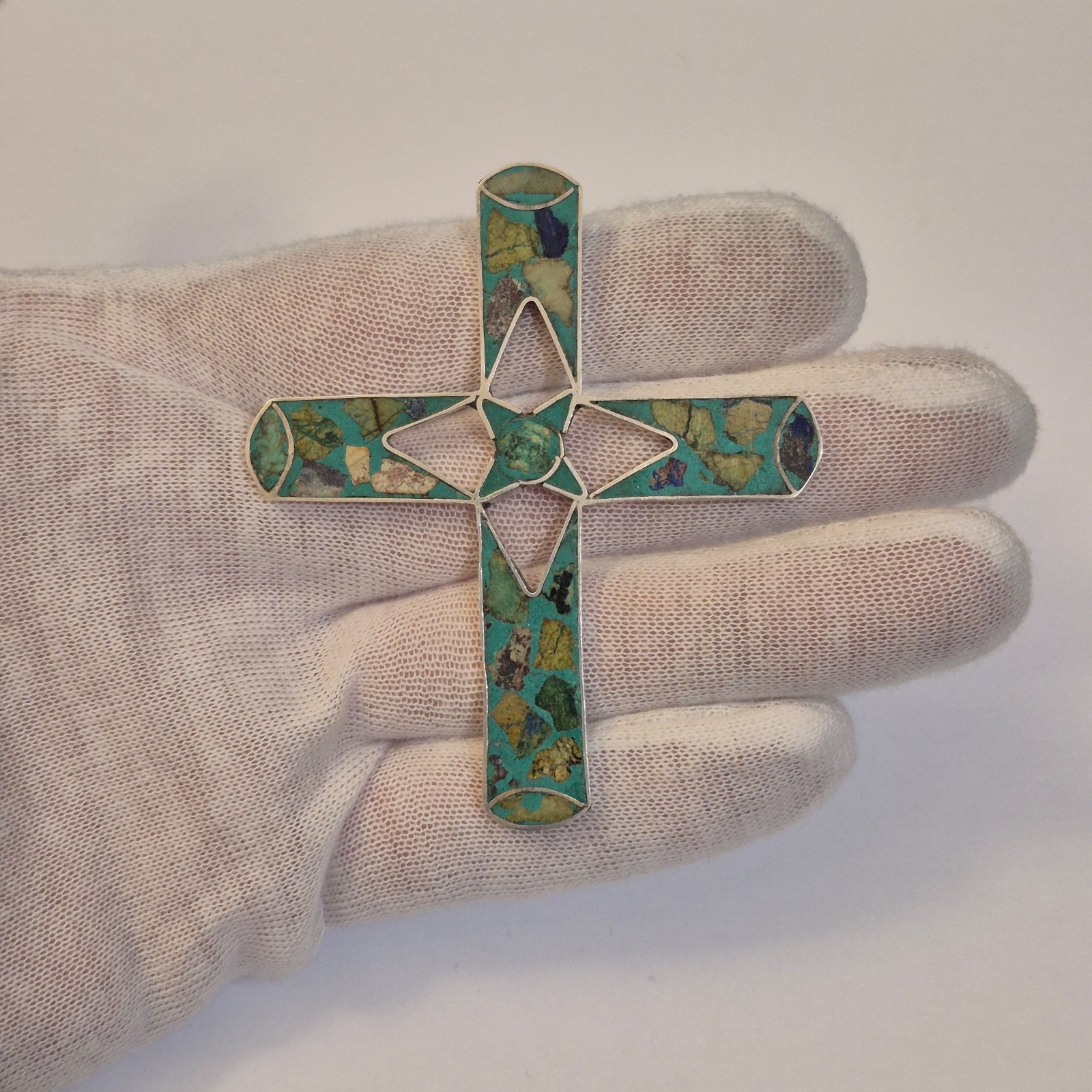 Mexico 925 Sterling Silver Turquoise Chips In Resin Large Cross Pendant Eagle #1