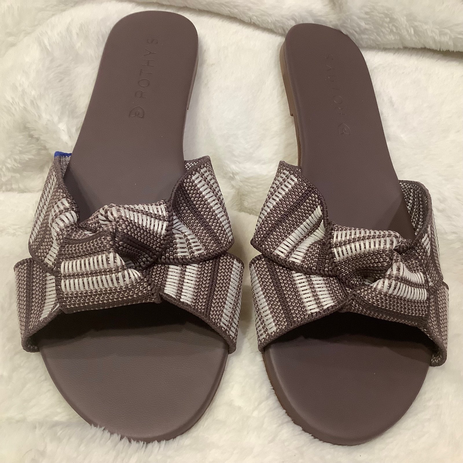 Rothy's Taupe Stripe Slides Flat Sandals Textile Comfort Shoes Women’s Size 6.5.
