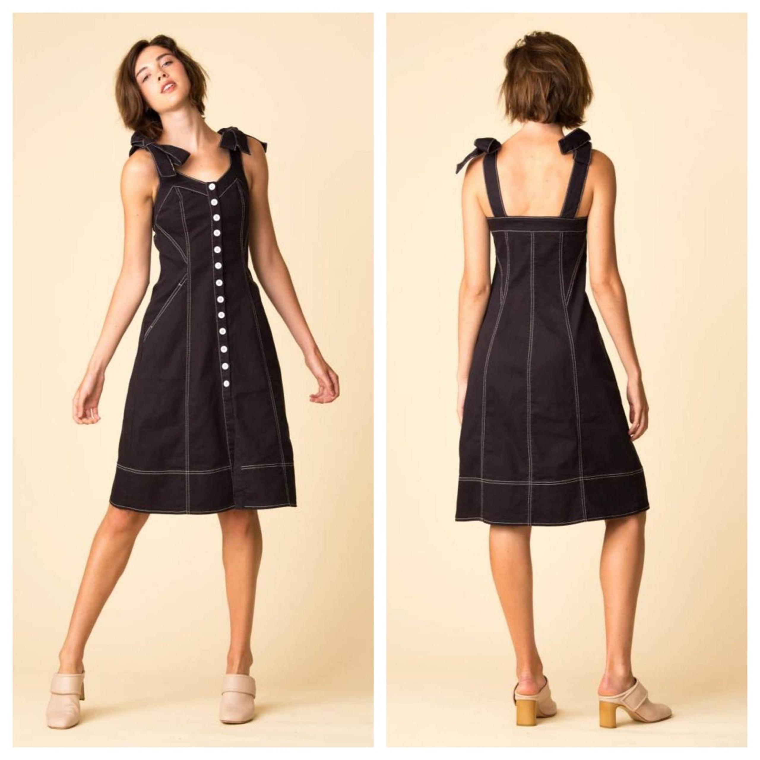 ulla johnson - emory dress denim midi buttons pockets contrast stitching dark
