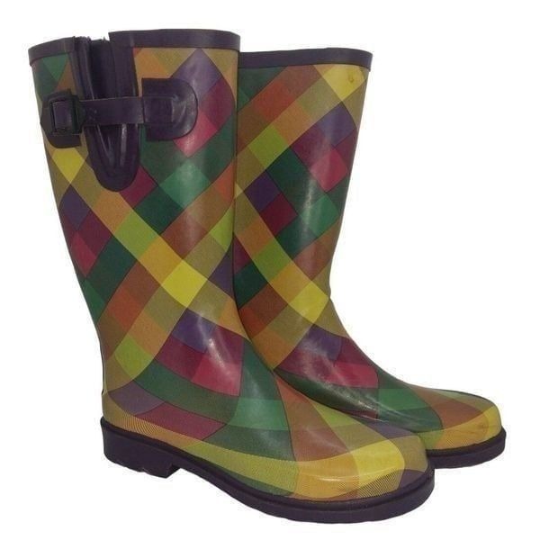 Merona Designer Womens Pre-owned Plaid Green/Yellow/Red Rain Boots - sz. 7