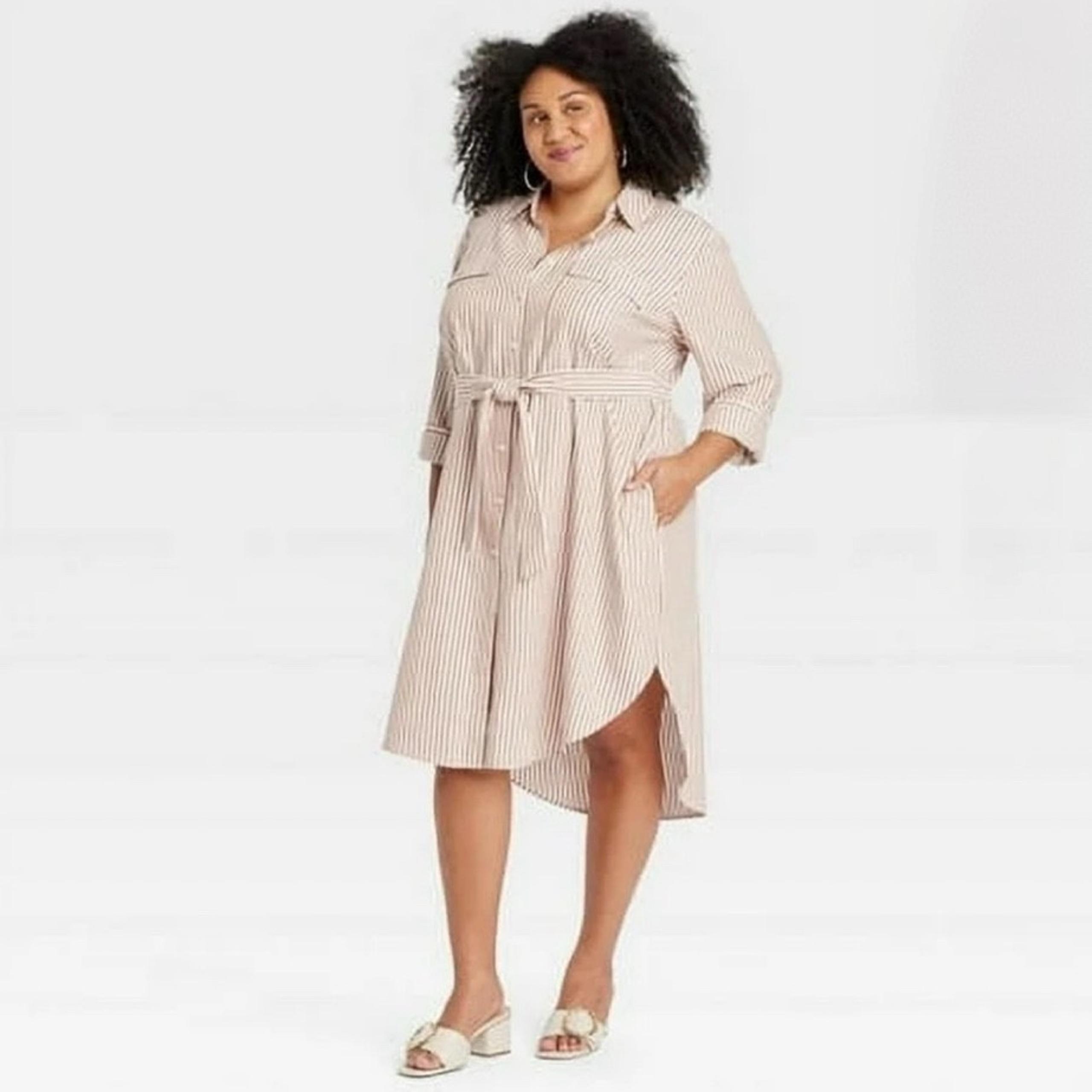 Women's Long Sleeve Midi Shirtdress - Ava & Viv™ Brown Striped XXL NWT

Clothing
