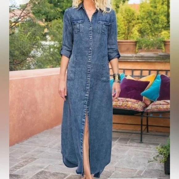 Soft Surroundings Acid Wash Button Roll Sleeve Maxi Dress Sz Large