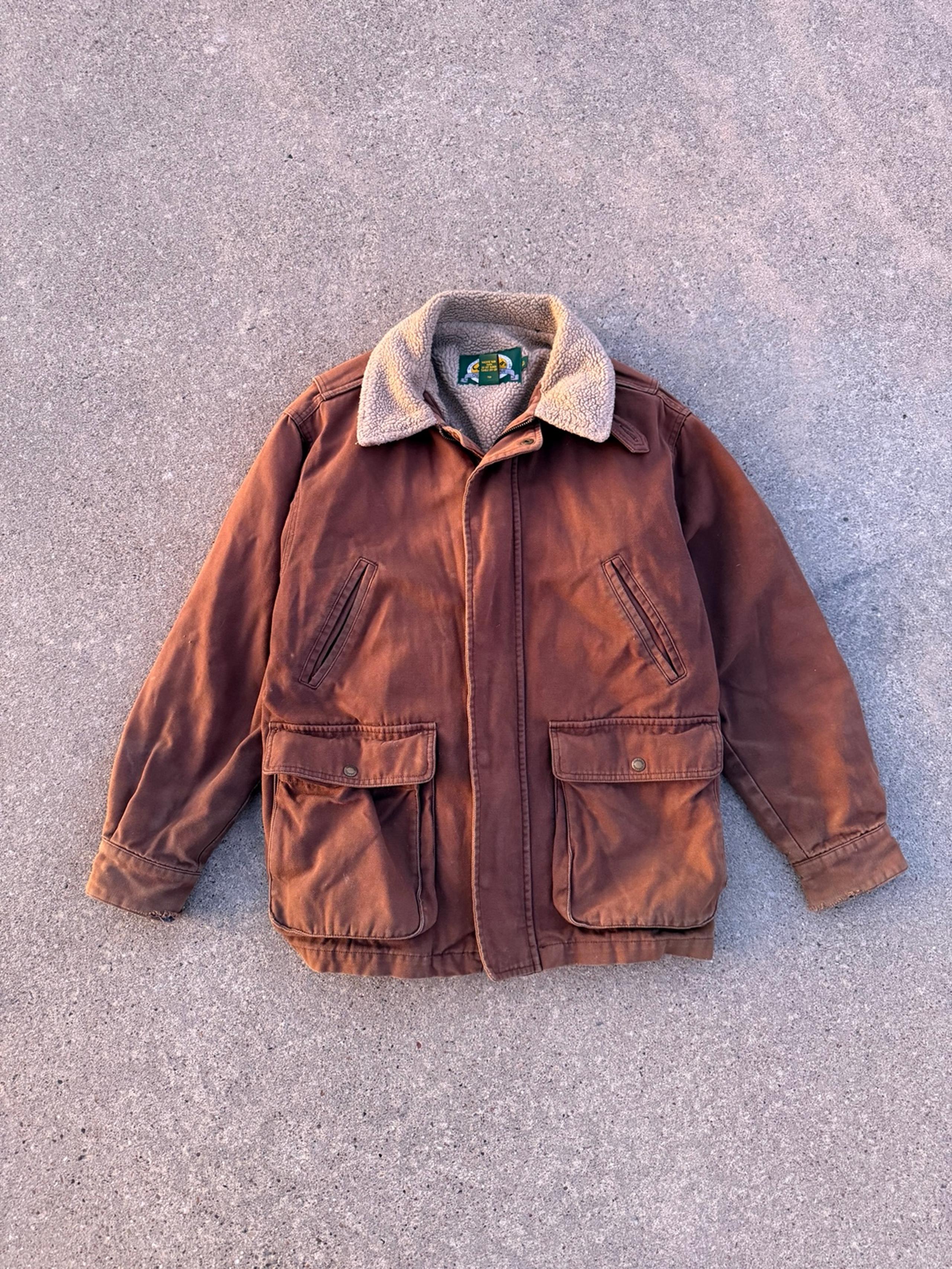 Vintage Distressed CaBelas Canvas Hunting Bomber Shearling Liner Zip Up Jacket