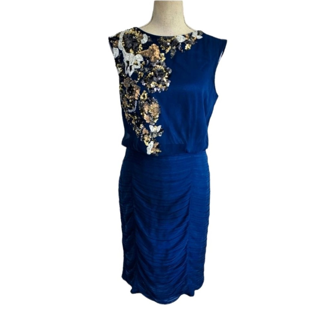 Aidan Mattox Blue Silk Sequin Ruched Dress