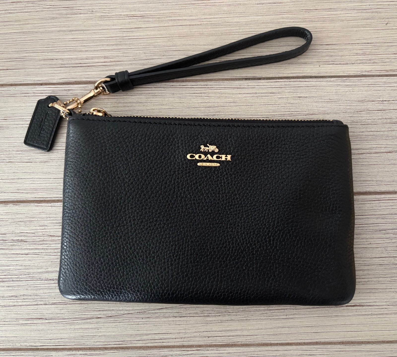 Coach Black Genuine Pebble Leather Wristlet With Hangtag and Gold Hardware