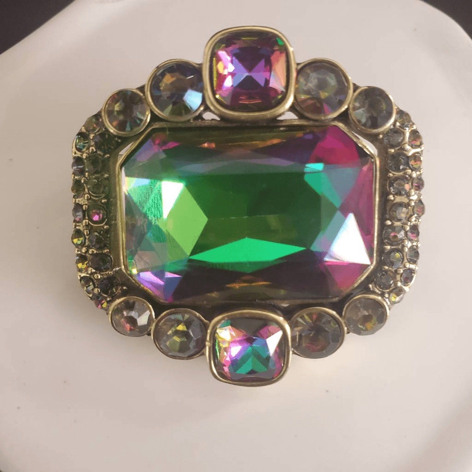 Heidi Daus Art Deco Brooch Gold Tone Large Iridescent Stone with Clear Accents