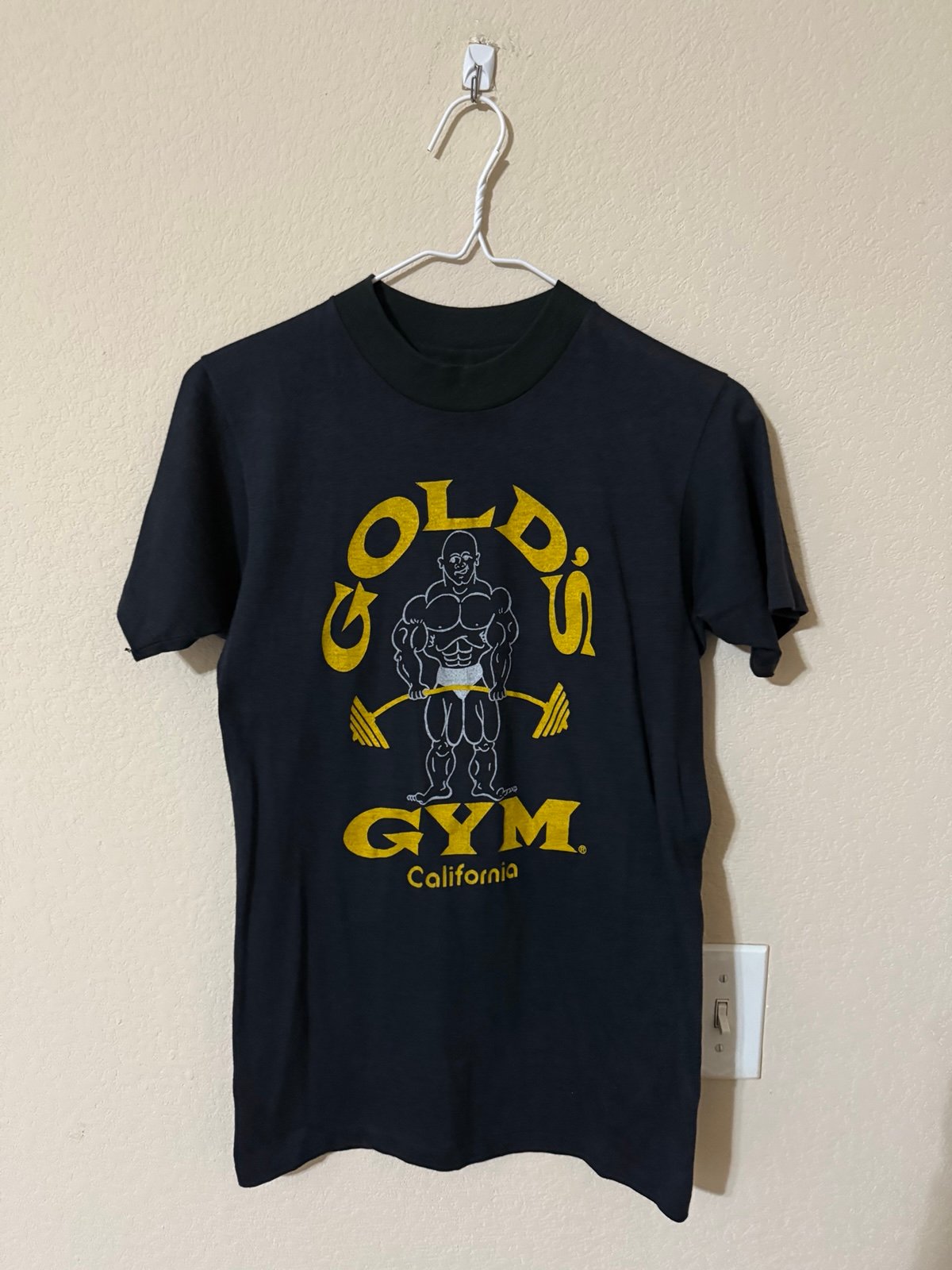 Vintage Gold’s Gym California 80’s Hanes Rare Navy Blue w/ Black Neck Line Shirt
