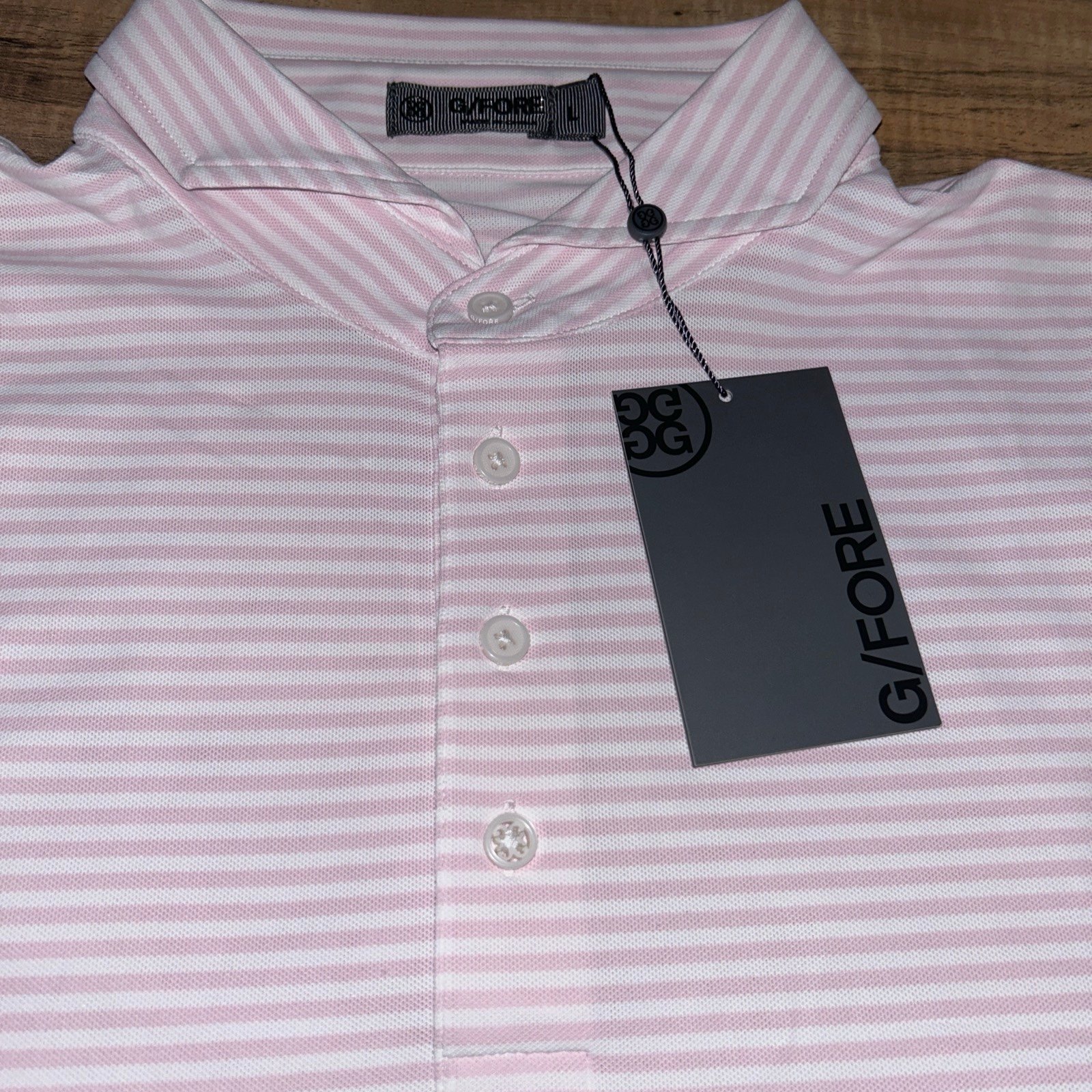 G/Fore Men’s Large, Pink/White Striped Short Sleeve Golf Polo, NWT