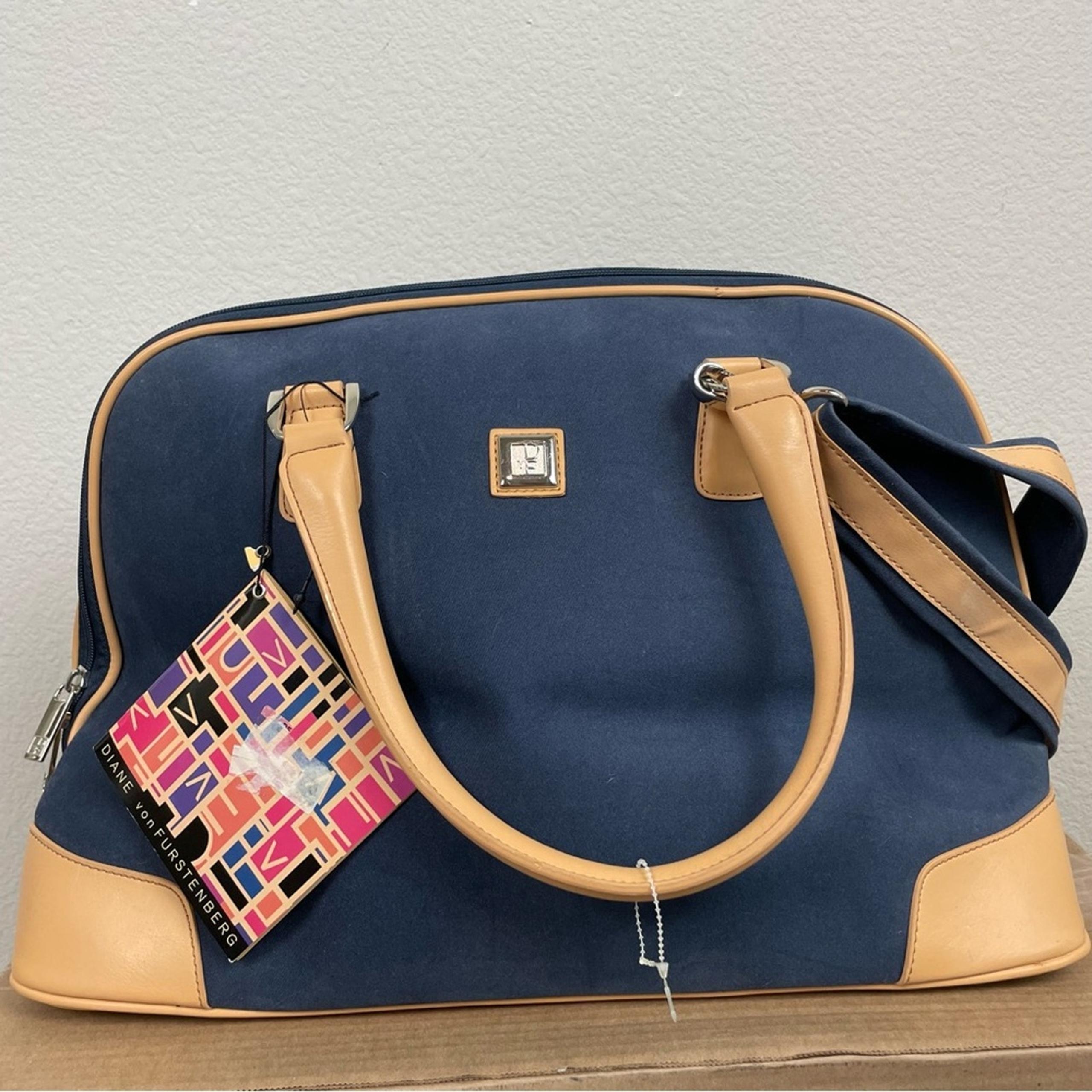 Diane Von Furstenberg Navy Canvas Leather Trim !9" Boarding Bag NWT