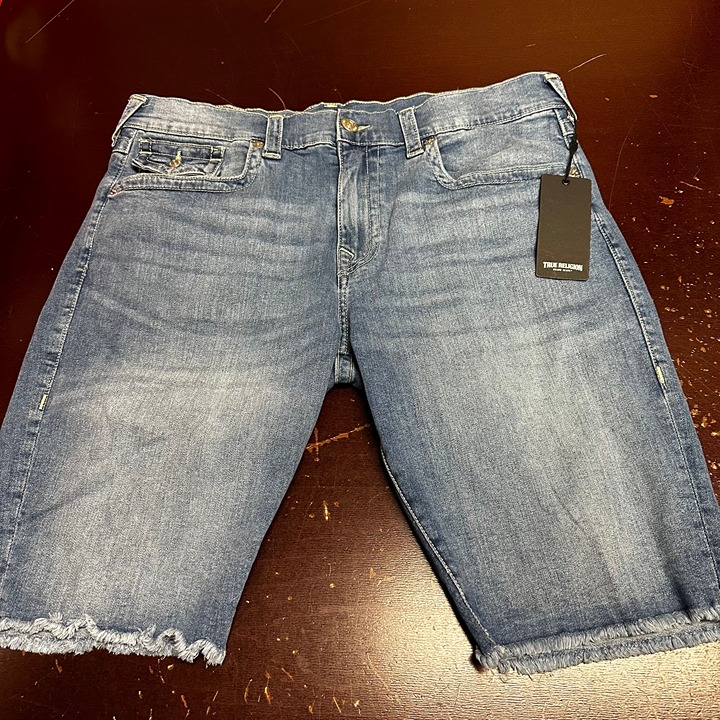 True Religion Mens Blue Mid Wash Ricky Flap Raw Edge Denim Jean Shorts Size 38