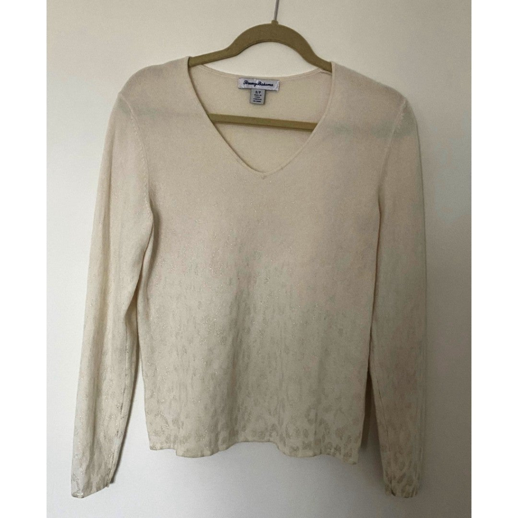 Tommy Bahama Sweater Cream Gold Accent Long Sleeve V Neck Pullover S